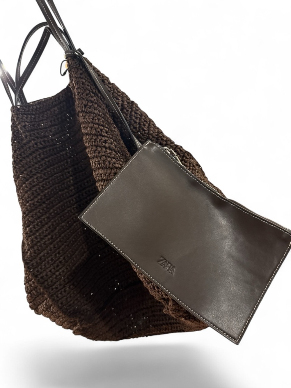 Zara Chocolate Brown Crochet Beach Tote with Leather Straps and Large Wallet - Picture 4 of 5